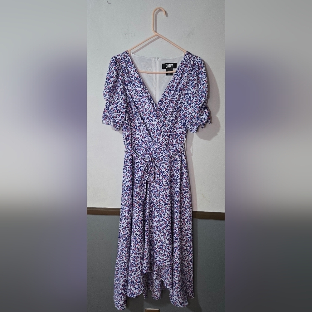 DKNY Floral Print Faux Wrap Iris Dress Multi Color Blue And Red Size 6
